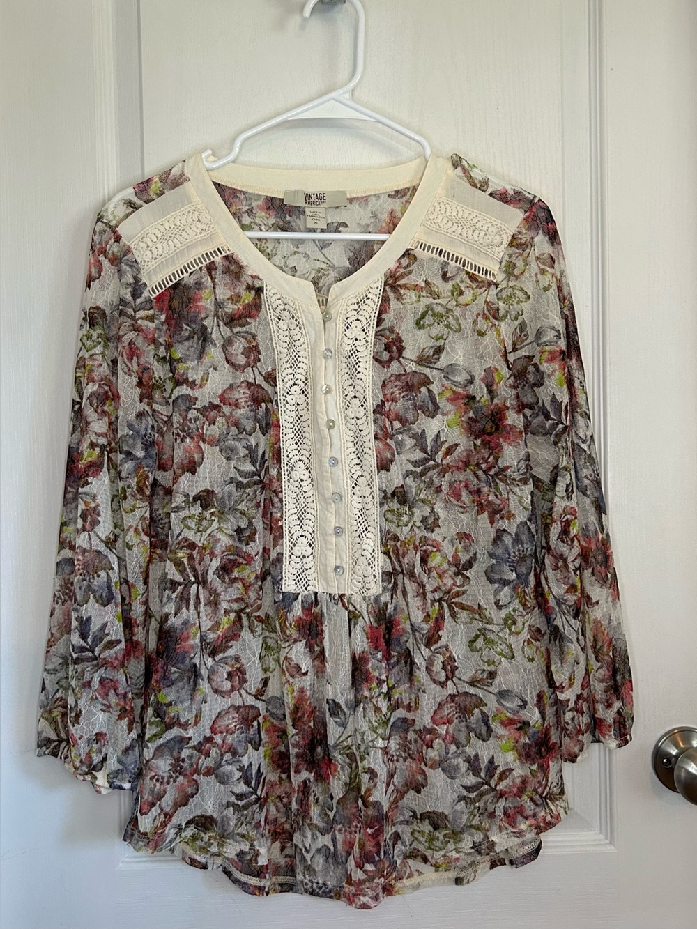 Vintage America Blues Tunic Top XL Boho Patchwork Lace Peasant Hippie Retro 70s